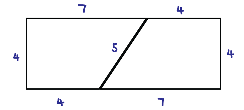 Two right trapezoid with base 7, height 4, parallel side 4, and final side 5.  They are joined at the 5 side.