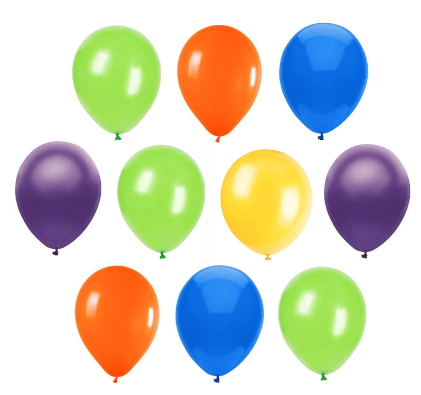 There are 10 balloons. 2 Purple, 3 Green, 2 Orange, 1 Yellow and 2 Blue