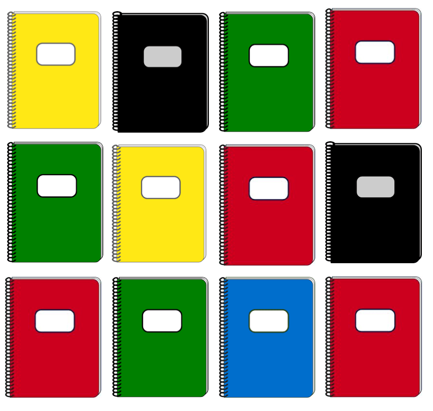 12 Notebooks: 4 Red, 3 Green, 2 Yellow, 2 Black, and 1 Blue