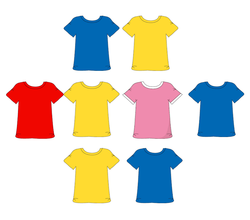 Image shows 8 t-shirts. 1 Red, 1 Pink, 3 Blue, and 3 Yellow