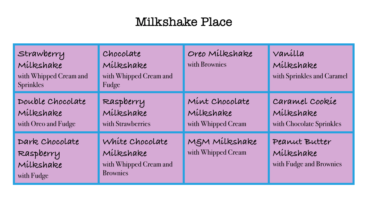 Menu for Milkshake Place.