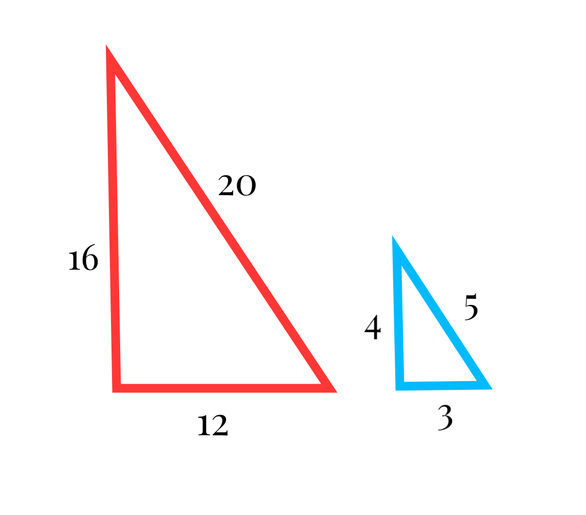 One big triangle with side lengths of 20, 16, and 12; one little triangle with side lengths 5, 4, and 3.