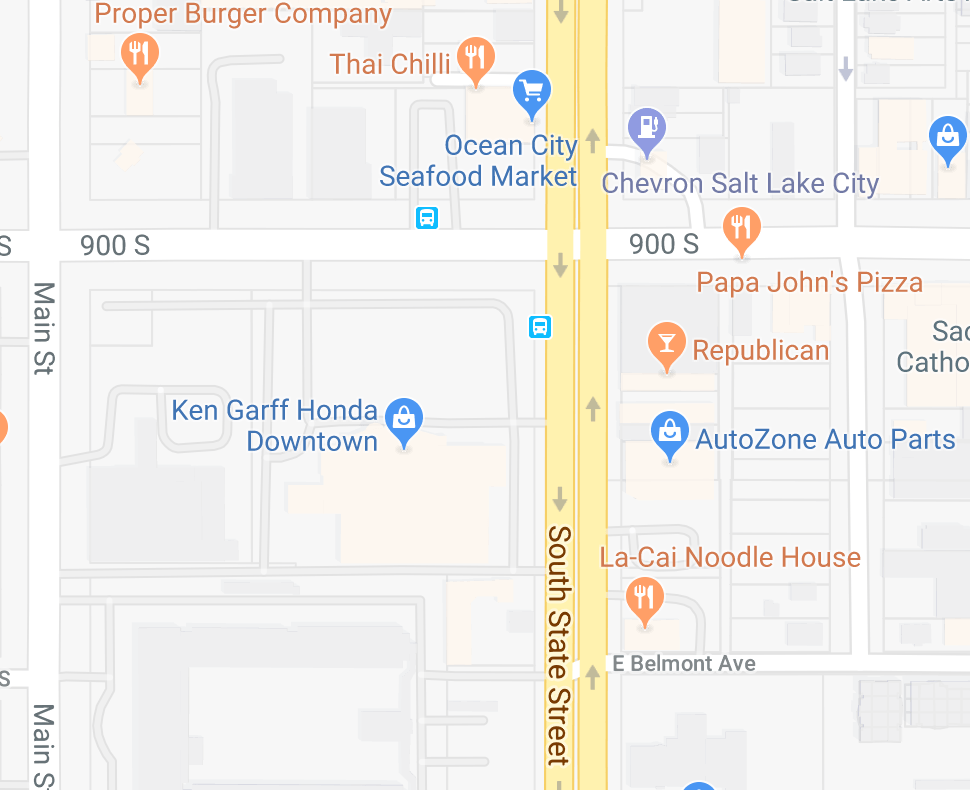 900S and East Belmont Avenue run east-west with 900S to the north of East Belmont Avenue. Main Street and South State Street run north-south with Main Street to the west of South State Street. Proper Burger Company is at the northeast corner of the intersection of 900S and Main Street. Ocean City Seafood Market is at the northwest corner of the intersection of 900S and South State Street, while Chevron is at the northeast corner of this intersection. Republican is at the southeast corner of this intersection. Finally, La-Cai Noodle House is at the northeast corner of the intersection of South State Street and East Belmont Avenue.