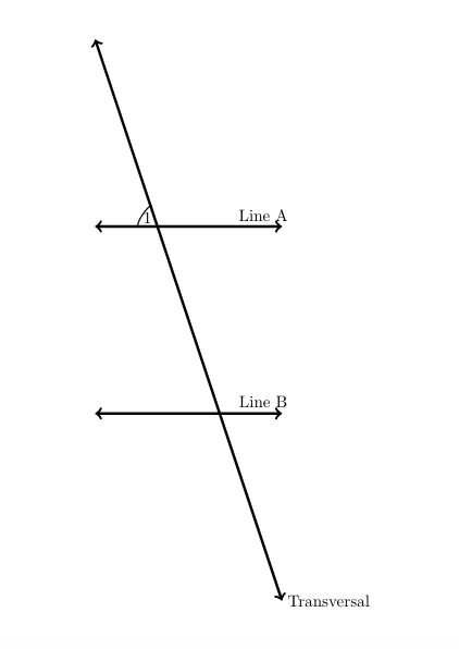 A transversal through 2 parallel lines where angle 1 is acute