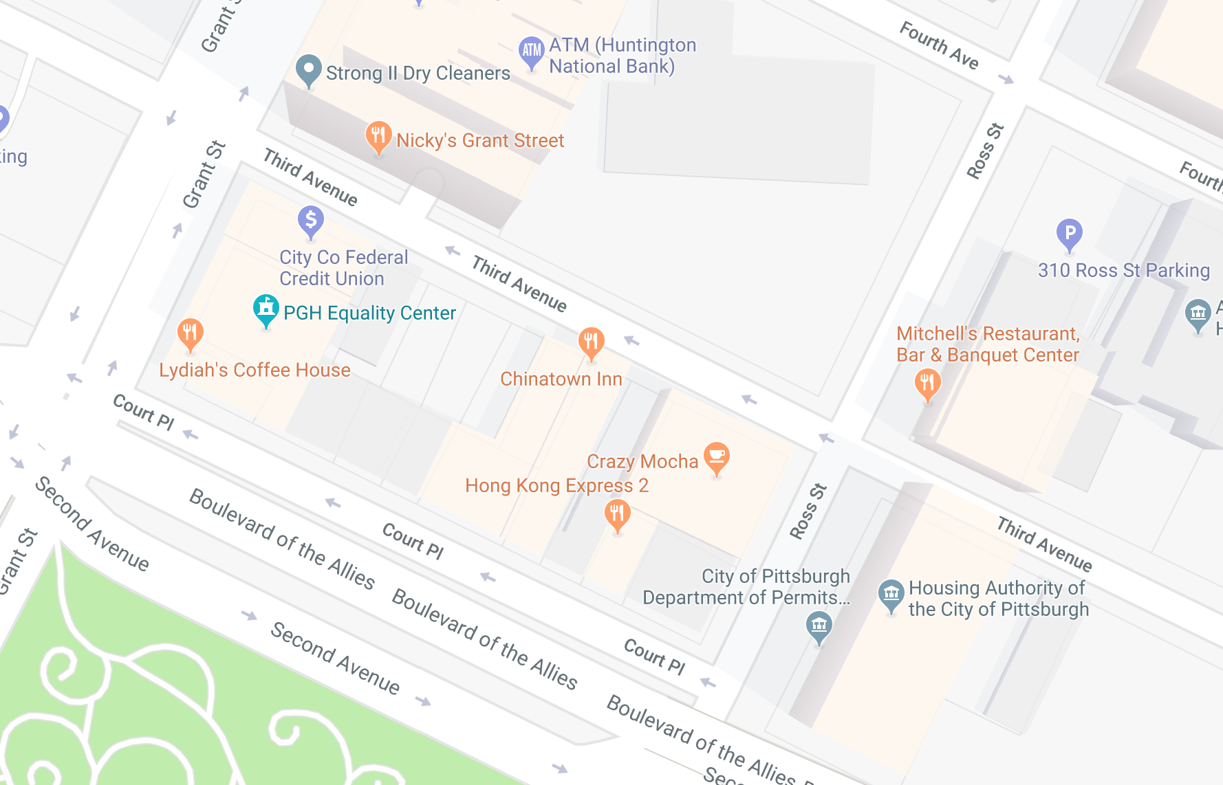 Third Avenue and Court Place run east-west while Grant Street and Ross Street run north-south. Third Avenue is north of Court Place, and Grant Street is west of Ross Street. Nicky's Grant Street is at the northeast corner of Grant Street and Third Avenue. Lydiah's Coffee House is at the northeast corner of Grant Street and Court Place. Mitchell's Restaurant is at the northeast corner of Third Avenue and Ross Street. Crazy Mocha is at the southwest corner of Third Avenue and Ross Street. Hong Kong Express 2 is at the southwest corner of Court Place and Ross Street.