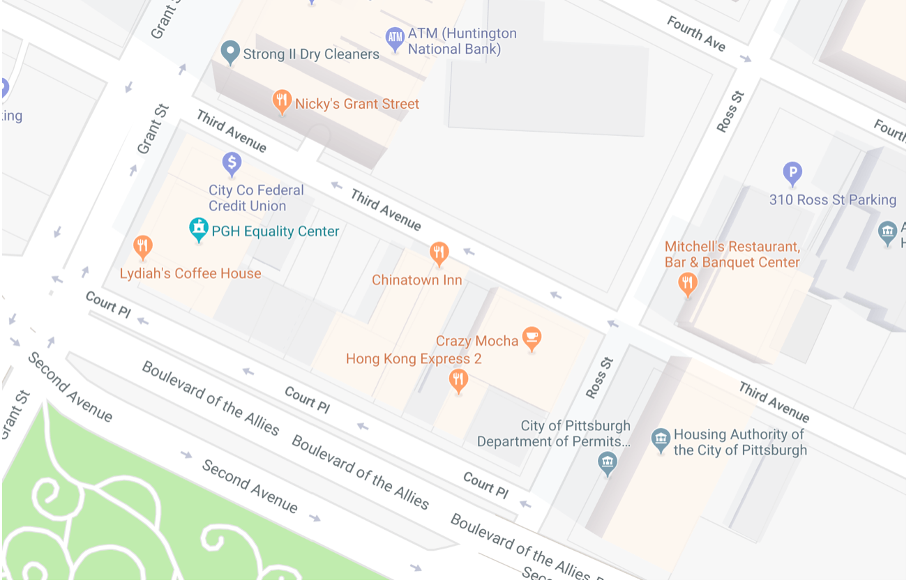 Third Avenue and Court Place run east-west while Grant Street and Ross Street run north-south. Third Avenue is north of Court Place, and Grant Street is west of Ross Street. Nicky's Grant Street is at the northeast corner of Grant Street and Third Avenue. Lydiah's Coffee House is at the northeast corner of Grant Street and Court Place. Mitchell's Restaurant is at the northeast corner of Third Avenue and Ross Street. Crazy Mocha is at the southwest corner of Third Avenue and Ross Street. Hong Kong Express 2 is at the southwest corner of Court Place and Ross Street.