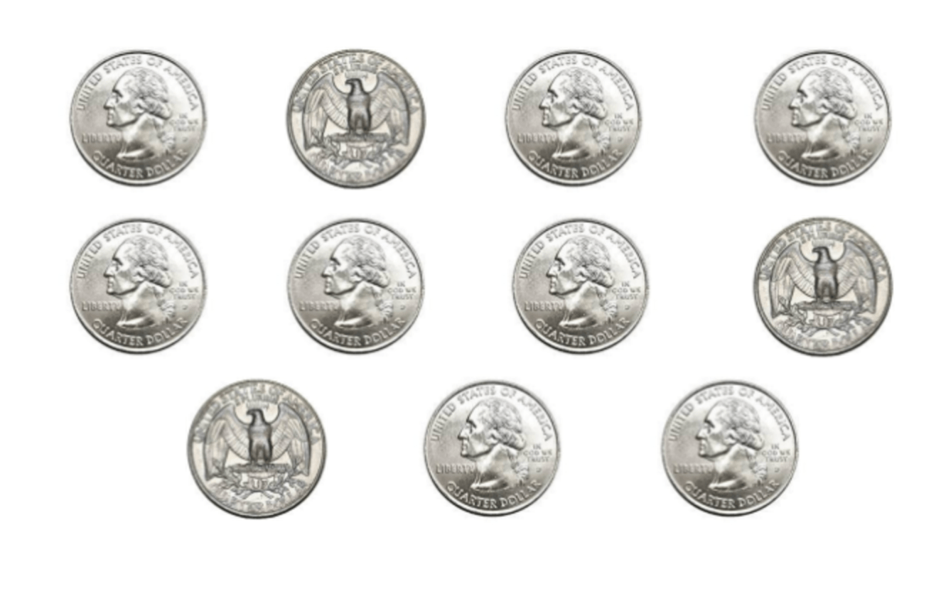Coins with the following faces: heads, tails, heads, heads, heads, heads, heads, tails, tails, heads, heads