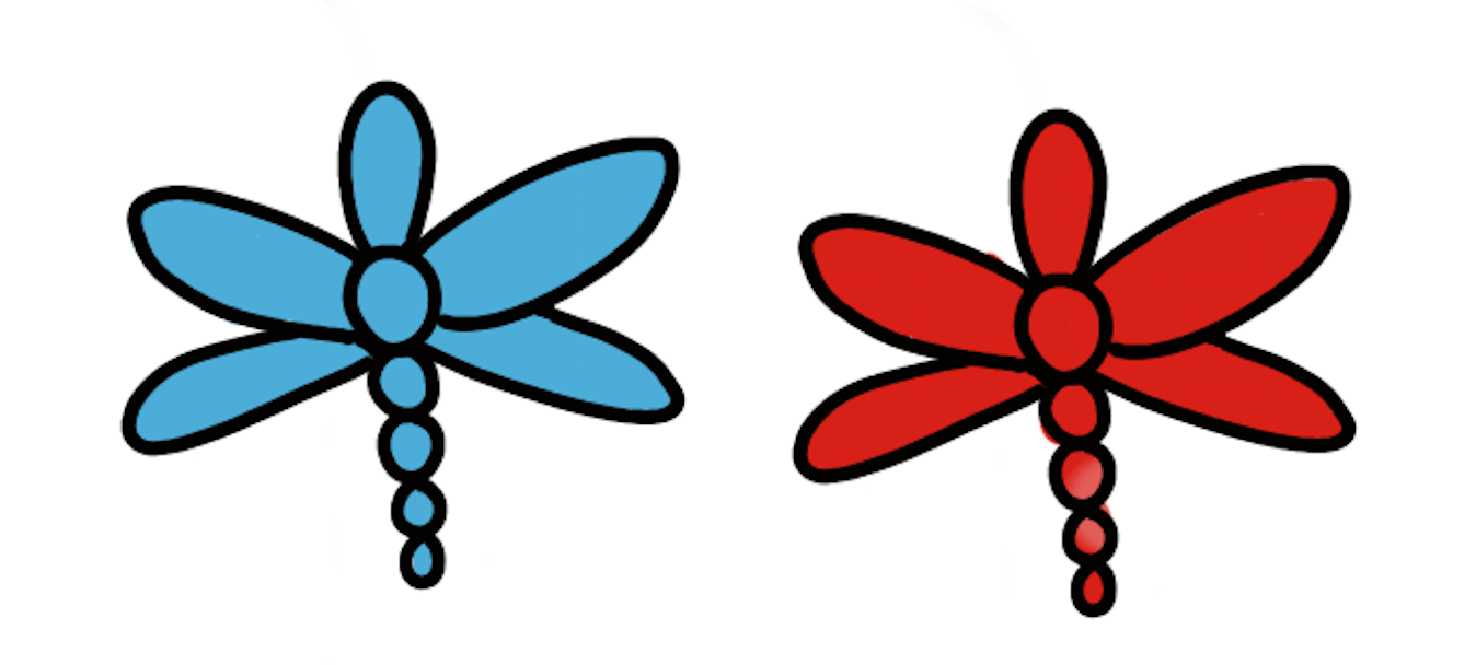 A completely blue dragonfly next to a completely red dragonfly.