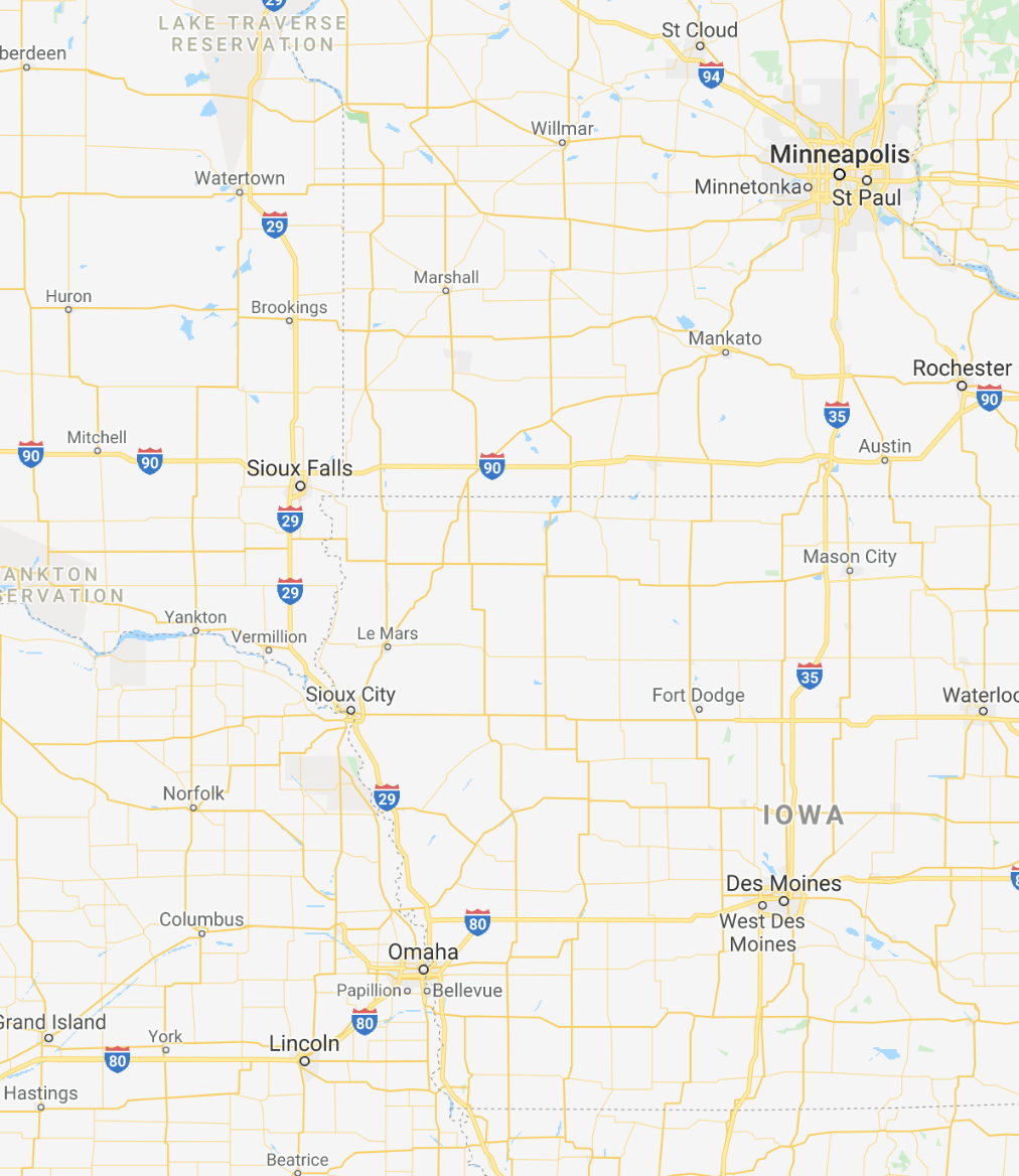 A map showing the cities Minneapolis, Minnesota and Lincoln, Nebraska
