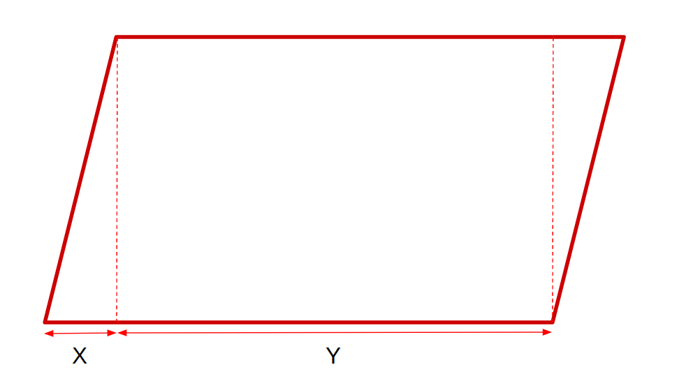 A non-rectangular parallelogram split into a rectangle and two triangles. The base of the rectangle is Y. The base of each triangle is X.
