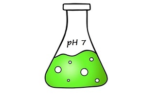 A beaker containing a solution with a pH of 7.