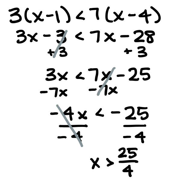 3(x-1)<7(x-4)
3x-3<7x-28
3x<7x-25
-4x<-25
x>25/4