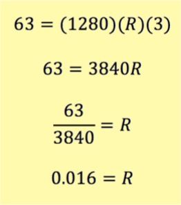 63 = (1280)(R)(3)
63 = 3840R
63/3840 = R
0.016 = R