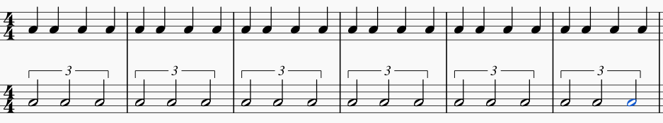 Jason's solo on the top line with 6 measures of 4 notes, 24 notes in total. Libby's countermelody on the bottom with 3 notes per measure, 18 notes in total.