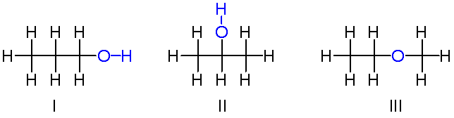Image of three different C3H8O molecules. They all have bonds between different atoms and are therefore different compounds, despite having the same chemical formula.
