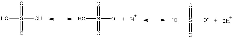 The deprotonation of sulfuric acid to hydrogen sulfate, then to sulfate.
