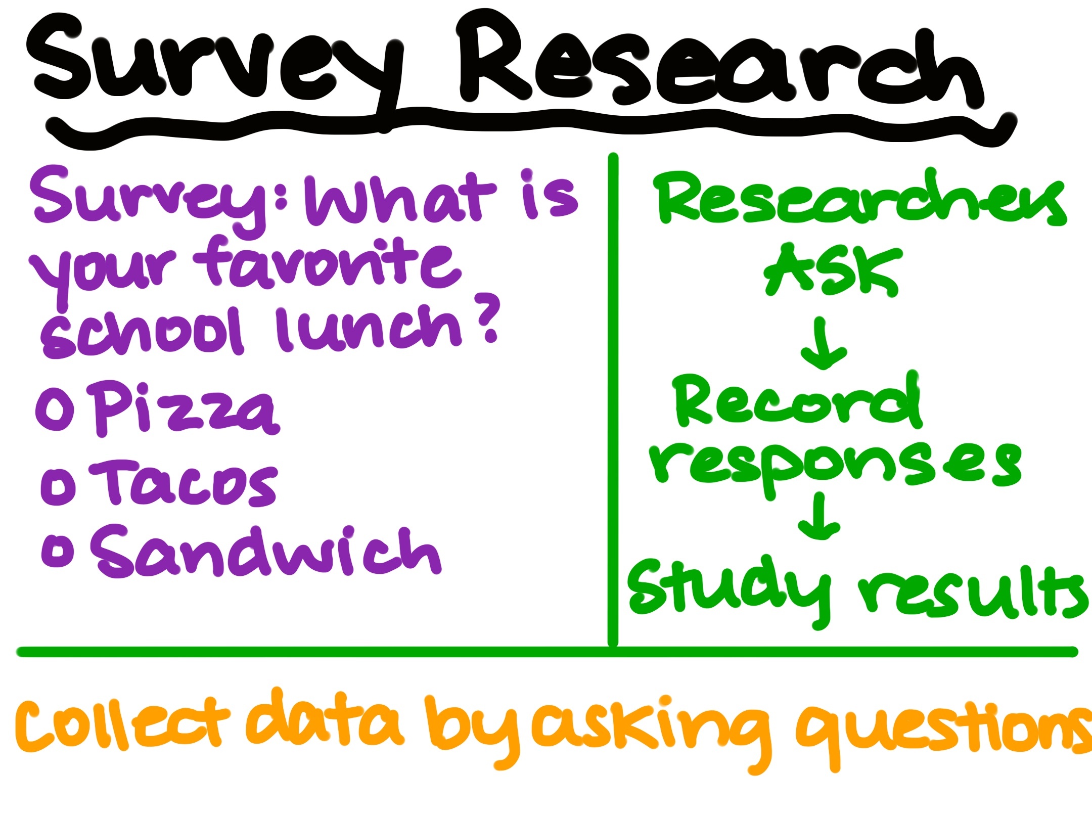 Researchers ask --> record responses --> study results