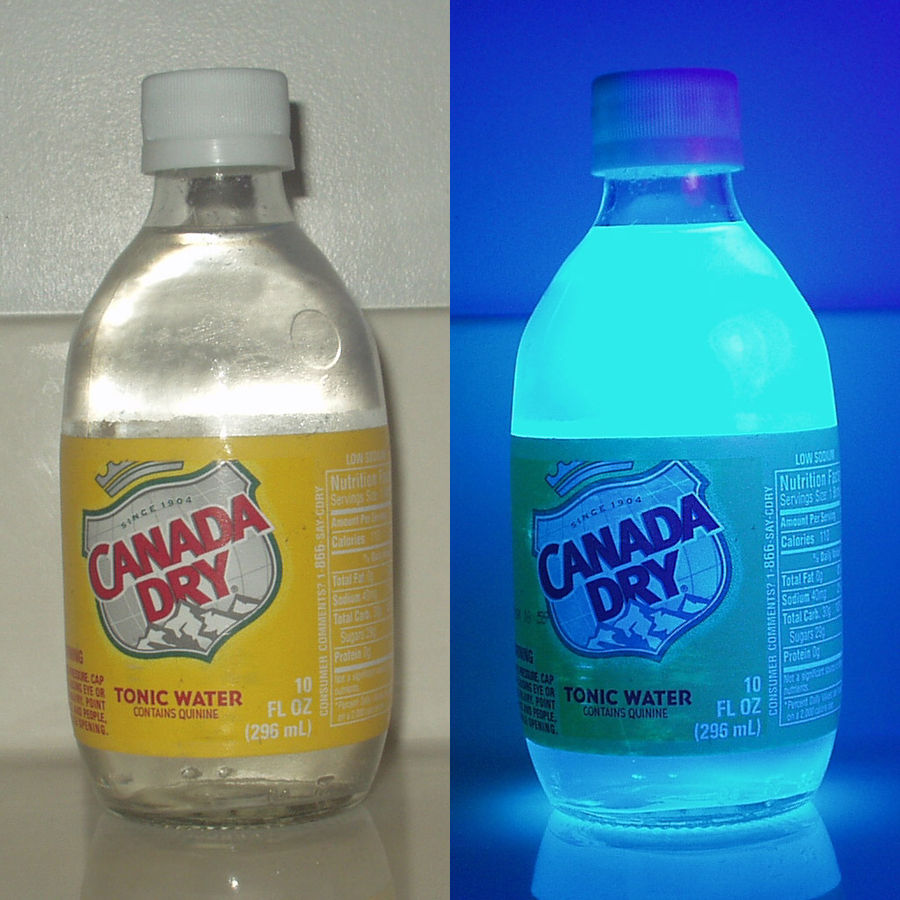 Tonic water has a lot of quinine. Because of this, it is fluorescent.