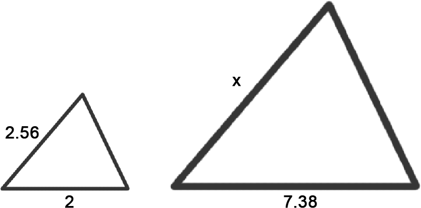 Triangle one is small with sides: 2.56 // 2 // unknown
Triangle two is bigger with sides: x // 7.38 // unknown
They are the same shape.