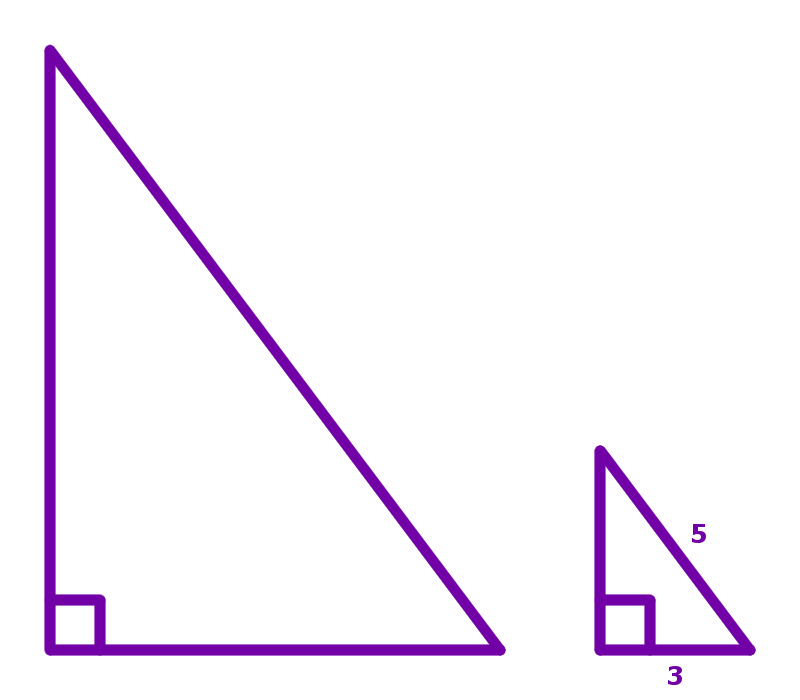 Two similar right triangles. The small right triangle has base 3 and hypotenuse 5.