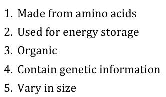 1: Made from amino acids. 2: Used for energy storage. 3: Organic. 4: Contain genetic information. 5: Vary in size. 