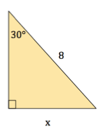 This is a right triangle. The hypotenuse has length 8. One angle adjacent to the right angle measures 30 degrees. The side opposite the 30 degree angle has length x.