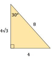 This is a right triangle. The hypotenuse has length 8. One angle adjacent to the right angle measures 30 degrees. The side opposite the 30 degree angle has length 4. The final side has length 4 times the square root of 3.