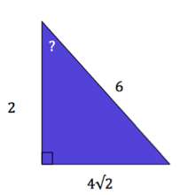 A right triangle with sides 2, 4 times the square root of 2, and 6. The angle between the sides 2 and 6 is labeled with a question mark.