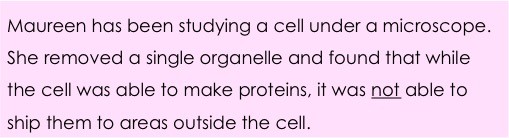 Maureen has been studying a cell under a microscope. She removed a single organelle and found that while the cell was able to make proteins, it was not able to ship them to areas outside the cell.