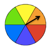 Circle (with a spinner attached to the center) divided into 6 equal sections: one yellow, one orange, one red, one purple, one blue, and one green.