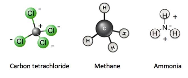 Carbon tetrachloride is a positively charged carbon atom bonded to four negative chlorine atoms. Methane is uncharged and has a carbon bonded to four hydrogens. Ammonia has a negatively charged nitrogen atom bonded to three positive hydrogen atoms.