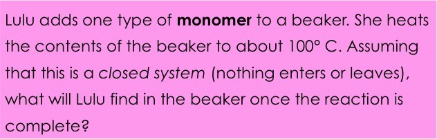 Lulu adds one type of monomer to a beaker.  She heats the contents of the beaker to about 100 degrees Celsius.  Assuming that this is a closed system (nothing exits or enters), what will Lulu find in the beaker once the reaction is complete. 