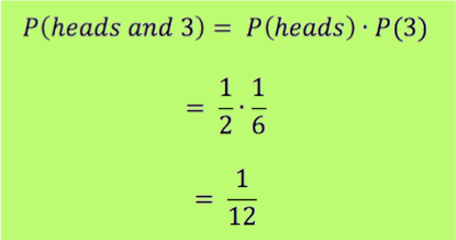 P(heads and 3) = P(heads) * P(3)
=1/2 * 1/6
=1/12