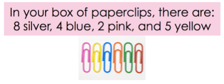 There are 8 silver paperclips, 4 blue paperclips, 2 pink paperclips, and 5 yellow paperclips