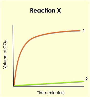 Volume of CO2 vs time. Reaction 1 increases quickly to a maximum and then stays constant.  Reaction 2 increases very slowly and never reaches the same volume of CO2.