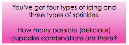You've got four types of icing and three types of sprinkles. How many possible (delicious) cupcake combinations are there?