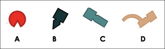 A looks like a pac man, B like a triangle, c like a rectangle, and d like a hook.