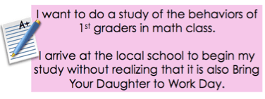 I want to do a study of the behaviors of 1st graders in math class. I arrive at the local school to begin my study without realizing that is also Bring Your Daughter to Work Day