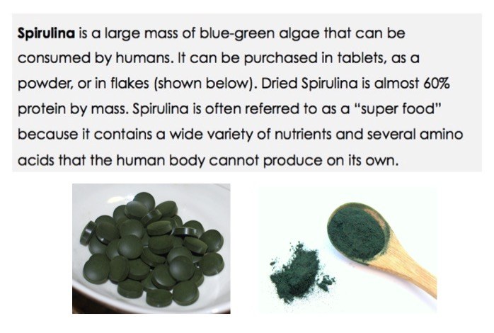 Spirulina is a large mass of blue-green algae that can be consumed by humans. It can be purchased in tablets, as a powder, or in flakes (shown in image). Dried Spirulina is almost 60% protein by mass. Spirulina is often referred to as a "super food" because it contains a wide variety of nutrients and several amino acids that the human body cannot produce on its own.