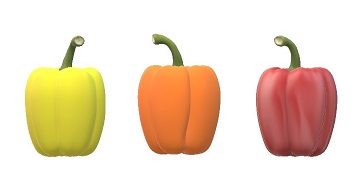 A yellow pepper, orange pepper, and red pepper.