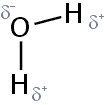 Diagram of water molecule showing partial positive and partial negative charges.
