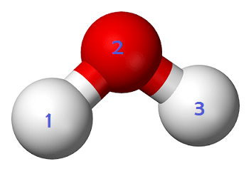 A structure of a water molecule. Atoms 1 and 3 are white and attached to a red atom 2.