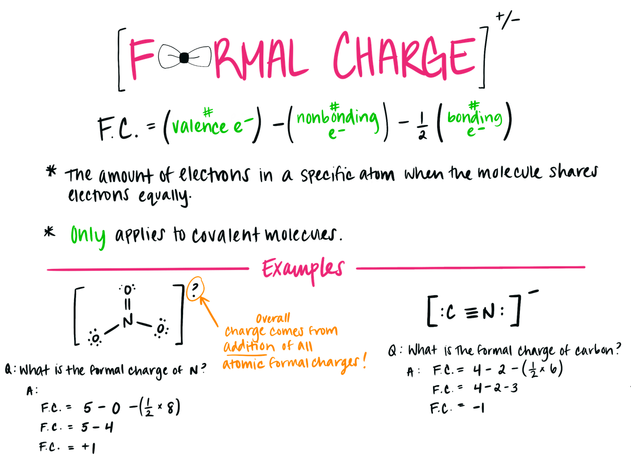 The image describes the equation for formal charge: F.C. = (number of valence electrons)-(number of nonbonding electrons)-(1/2 * bonding electrons) and provides two examples. 