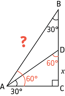 Same figure with 60 degree angles added at A and at D, marking triangles ADC and ABC as 30-60-90 triangles. The 30 degree angles, x on DC, and the question mark on AB remain.