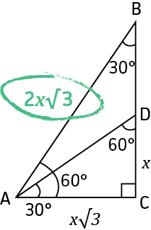 Same figure with the hypotenuse AB now labeled 2x sqrt(3) in a green oval. Base AC is x sqrt(3), side DC is x, and the 30 and 60 degree angles are marked.