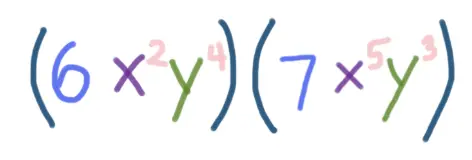 6 and 7 - blue
x and x - purple
y and y - green
2, 4, 5, and 3 - pink
