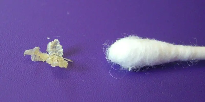 Dried earwax next to a cotton swab