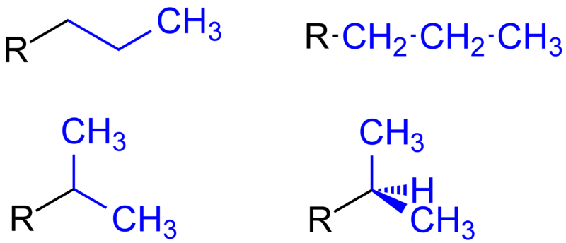 Four organic molecule that have an R group.