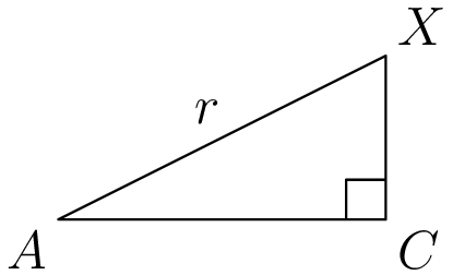Right angle with hypotenuse labeled r