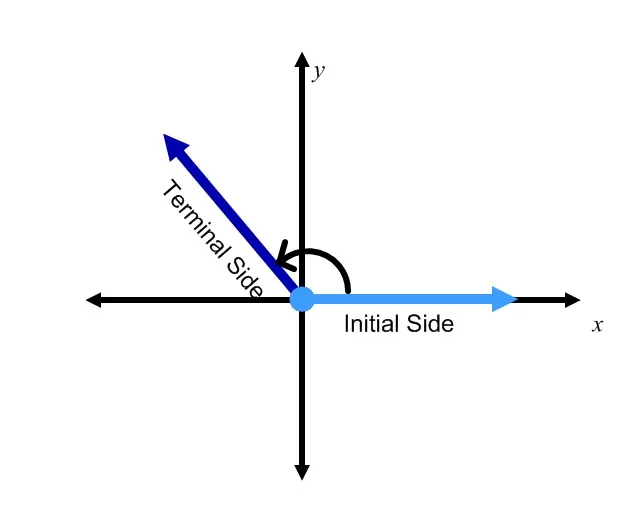 A coordinate plane, with a light blue arrow on the x-axis, labeled the "Initial Side". A dark blue arrow at an arbitrary angle in the second quadrant, labeled the "Terminal Side".